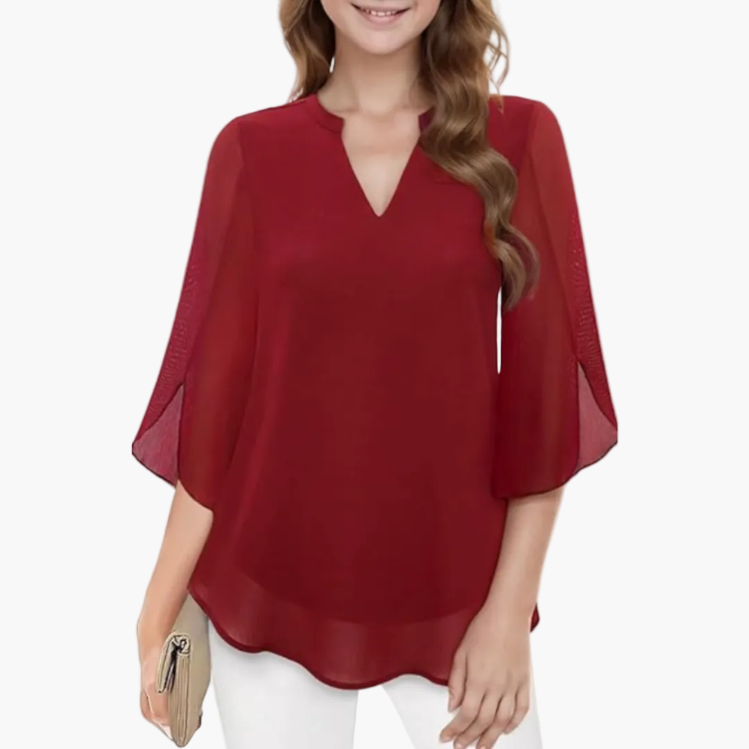 Women's Tunic Blouse with Three-Quarter Sleeves – Elegant V-Neck, Fashionable Style for Everyday and Office