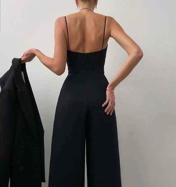 Damen Jumpsuit Elegant mit weitem Bein und Spaghettiträgern – Stilvoller Einteiler für festliche Anlässe und Alltag