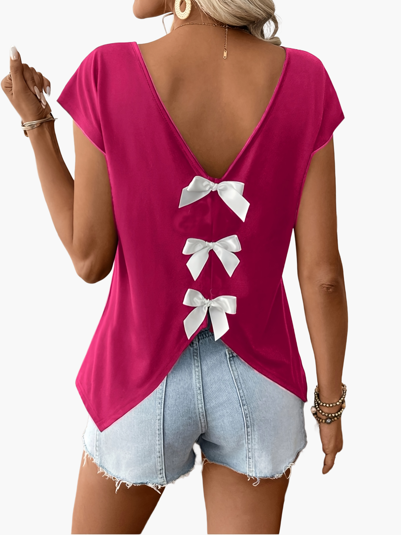Women's Shirt with Back Cutout and Bows – Fashionable Casual Top for Spring & Summer