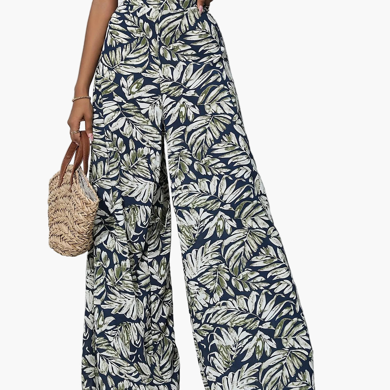 Women's Wide Summer Pants with Tropical Leaf Pattern – Fashionable Palazzo Pants for Beach and Leisure