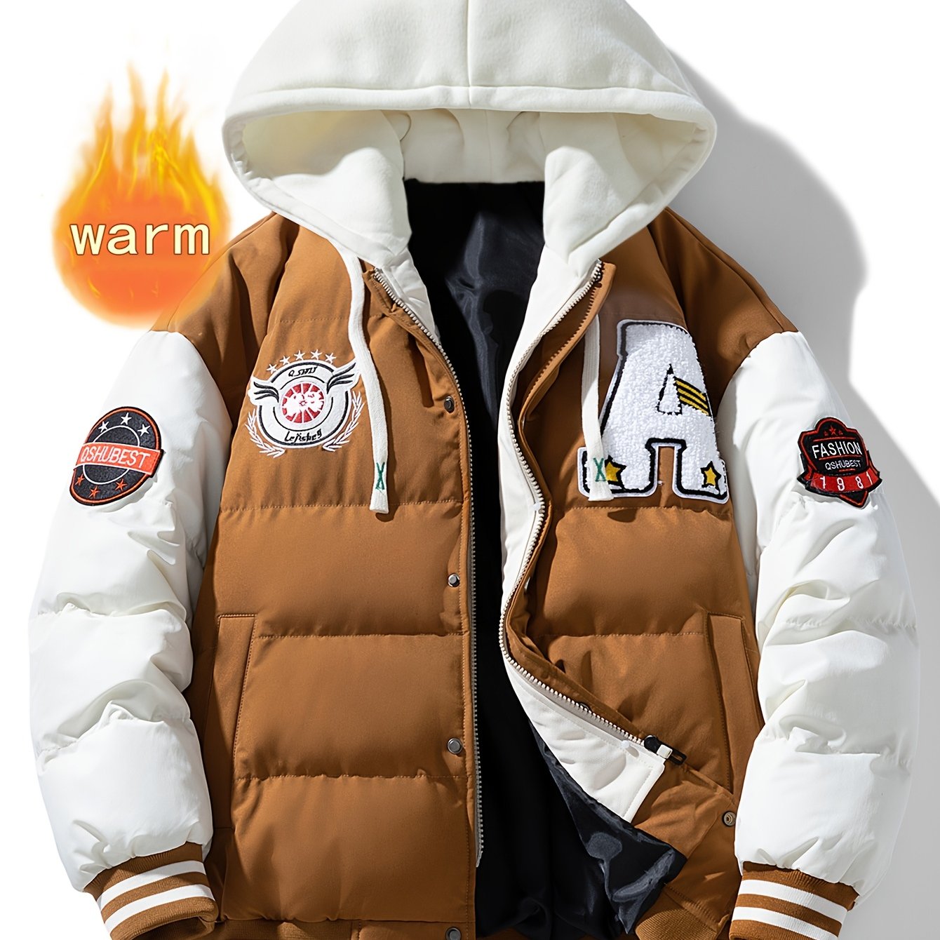 Unisex winter jacket in college style with a detachable hood, contrasting sleeves & patches