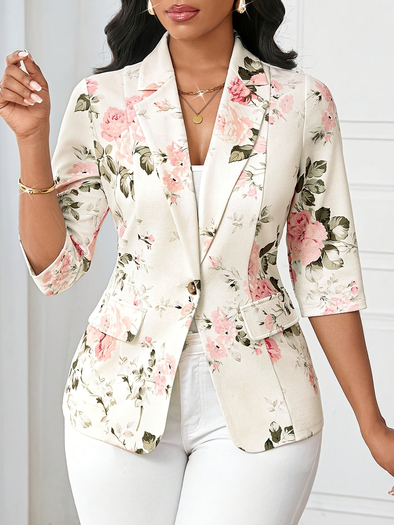 Women's Elegant Blazer with Floral Pattern and 3/4 Sleeves for Office and Casual Wear