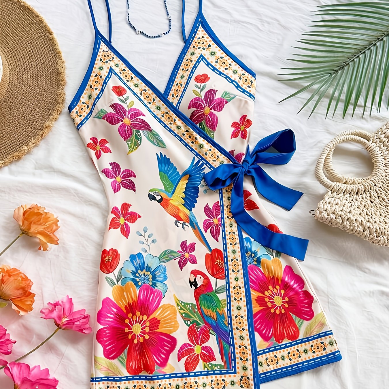 Women's summer wrap dress with tropical print and floral pattern – Perfect for vacation and leisure