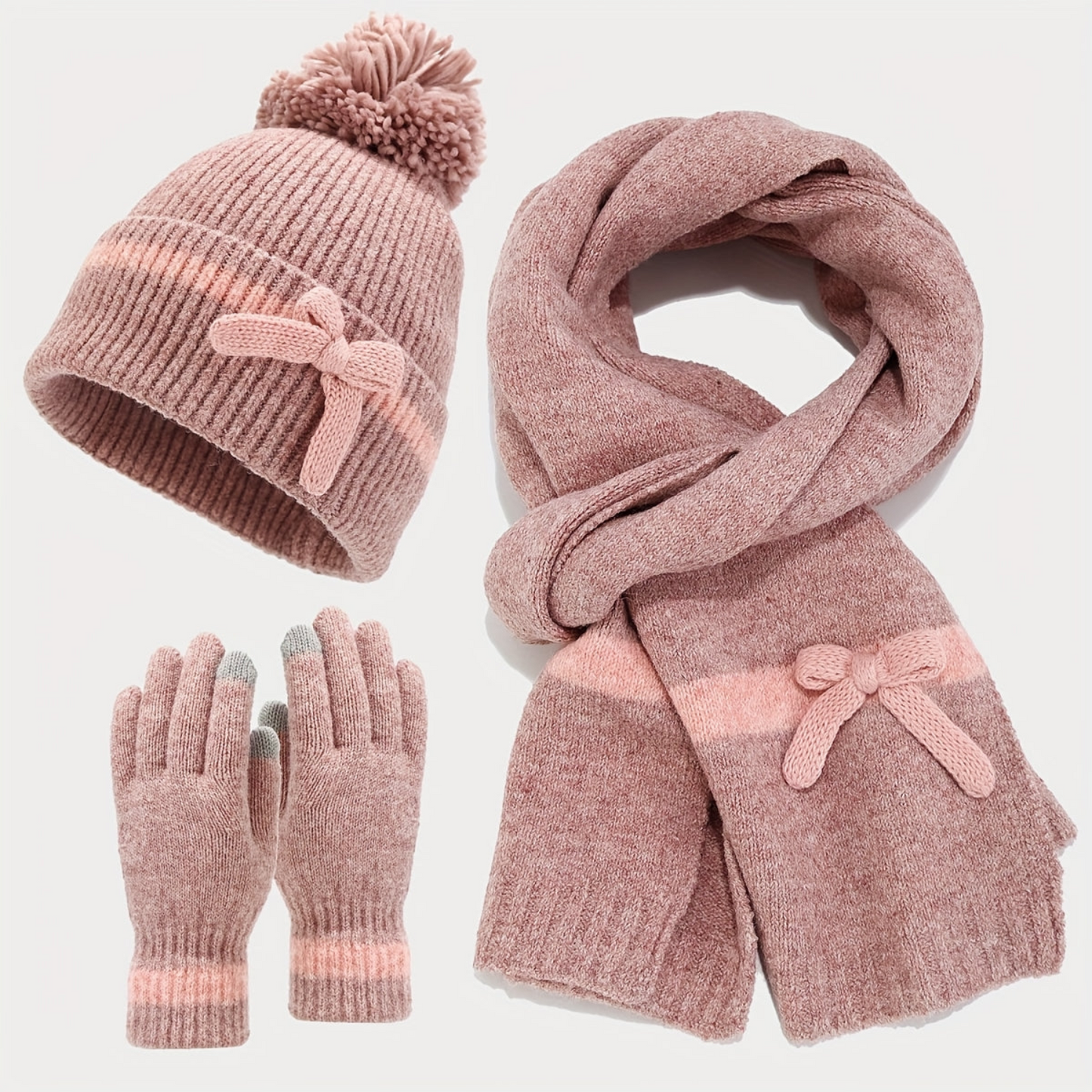 Winterset 3-teilig mit Mütze, Schal und Handschuhen, gestrickt mit Schleifchen-Detail
