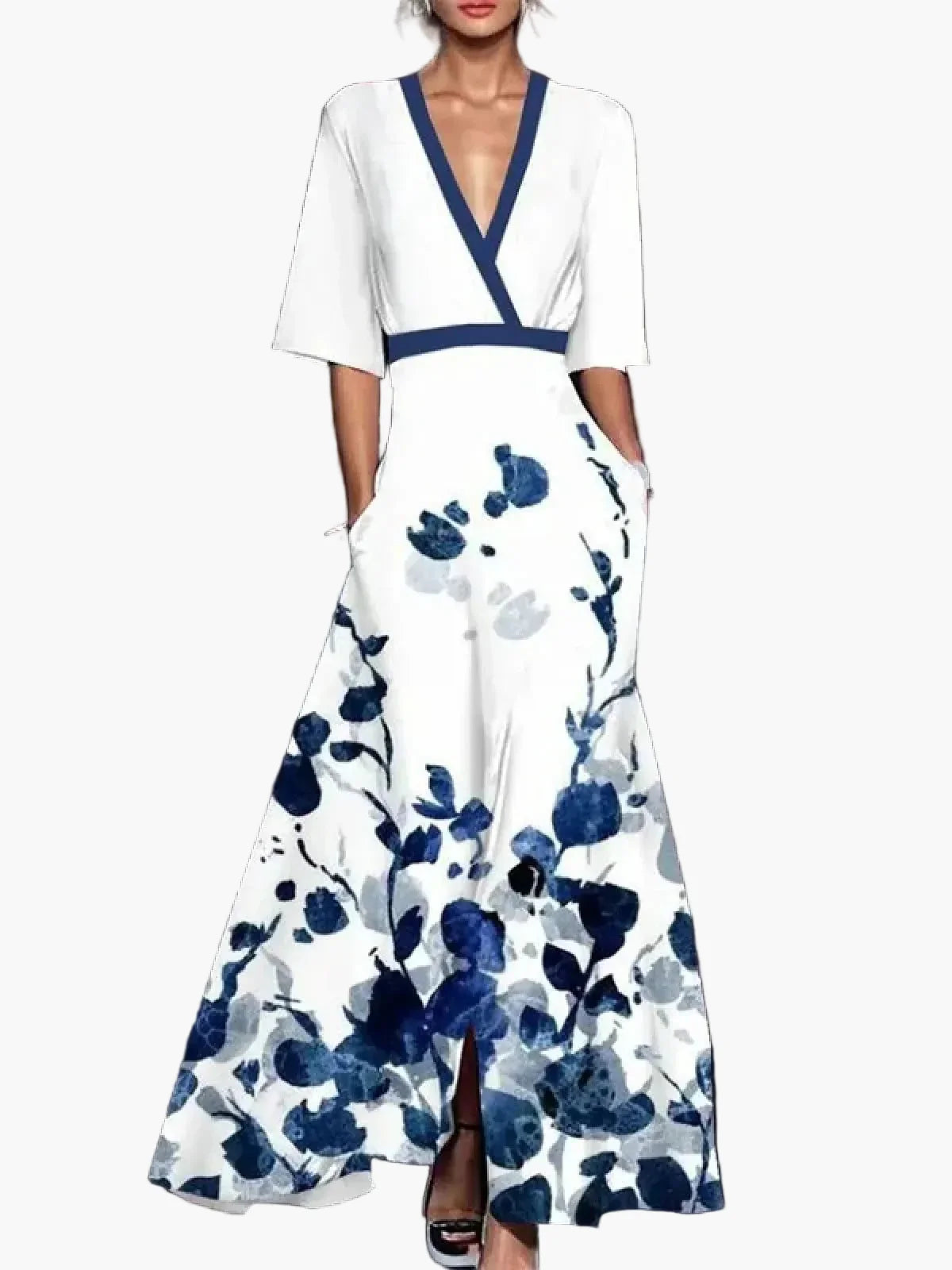 Women's Long Dress Elegant with Floral Pattern and V-Neck – Perfect for Festive Occasions