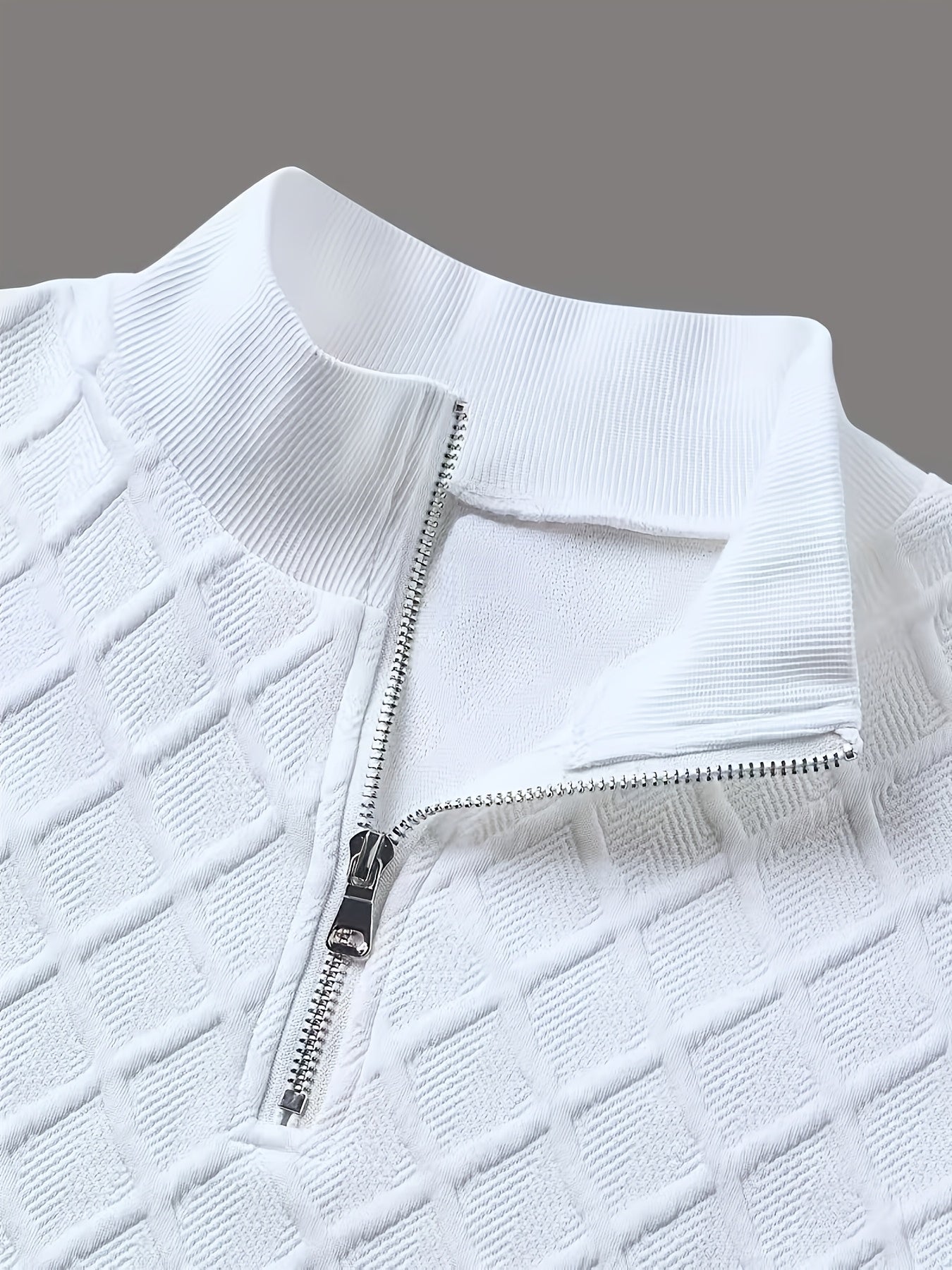 Herren Halb-Reißverschluss Pullover mit Rautenmuster, Weiß