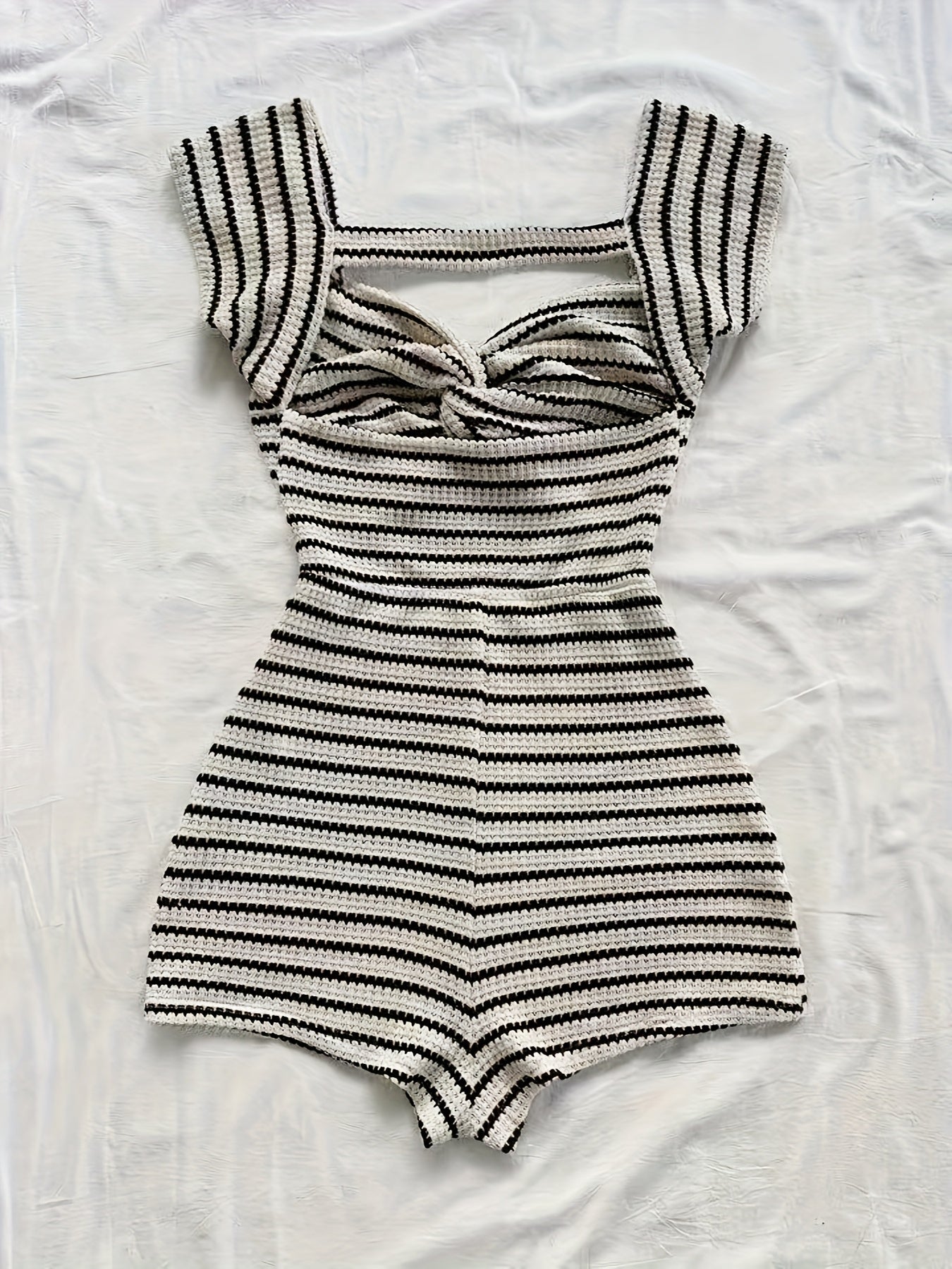 Women's One-Piece Knit Jumpsuit with Stripes and Twist Front – Fashionable Summer Jumpsuit