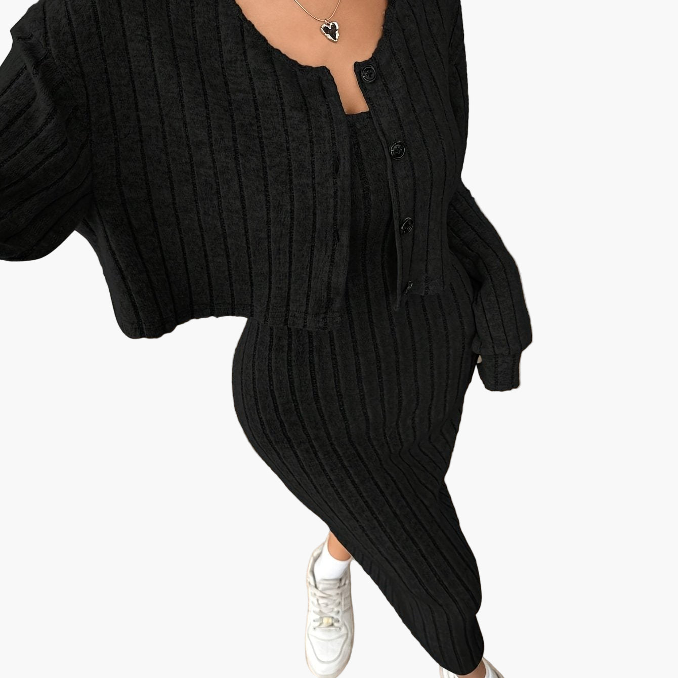 Women's Knit Two-Piece Set Elegant with Button Placket – Cardigan and Midi Dress, Perfect for Everyday and Office