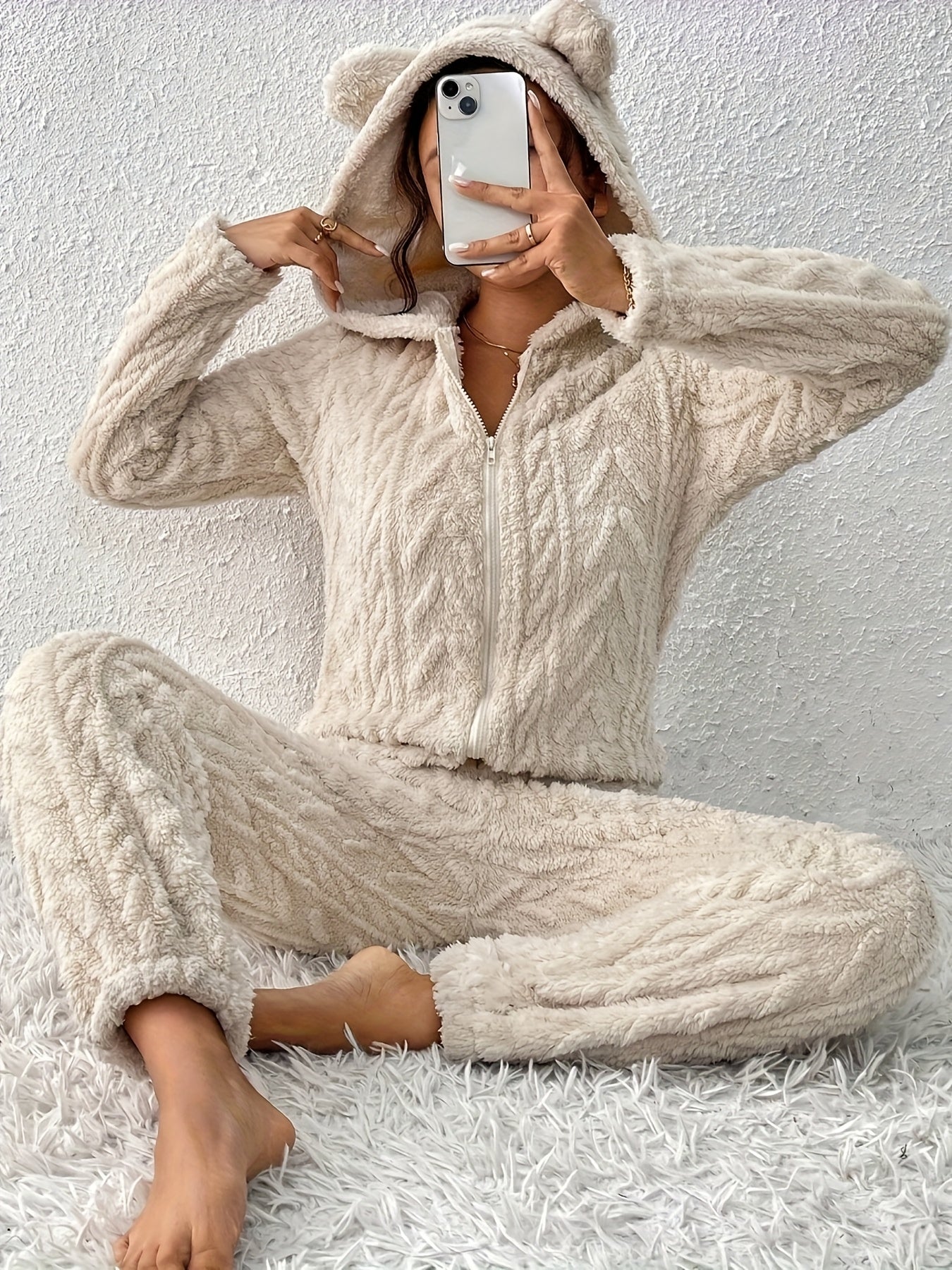 Women's fluffy hooded onesie with ears, light beige