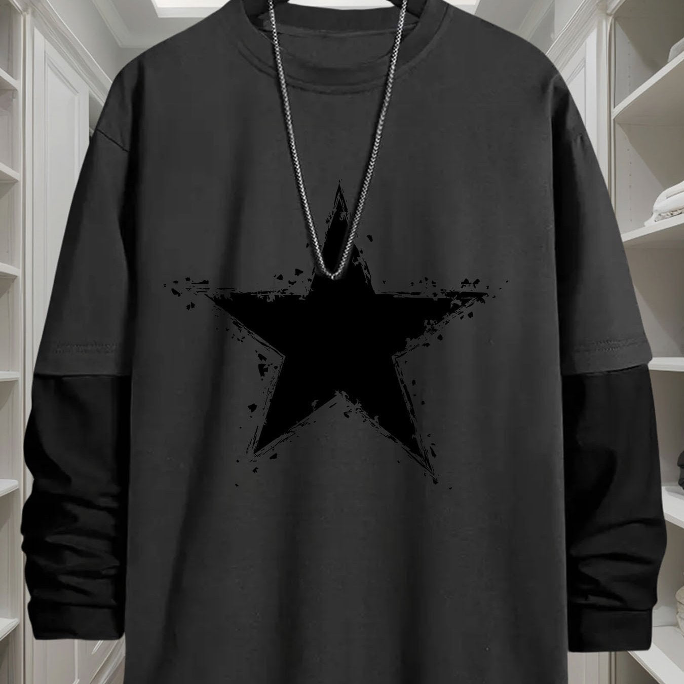 Men’s long-sleeve T-shirt with star print and contrast sleeves