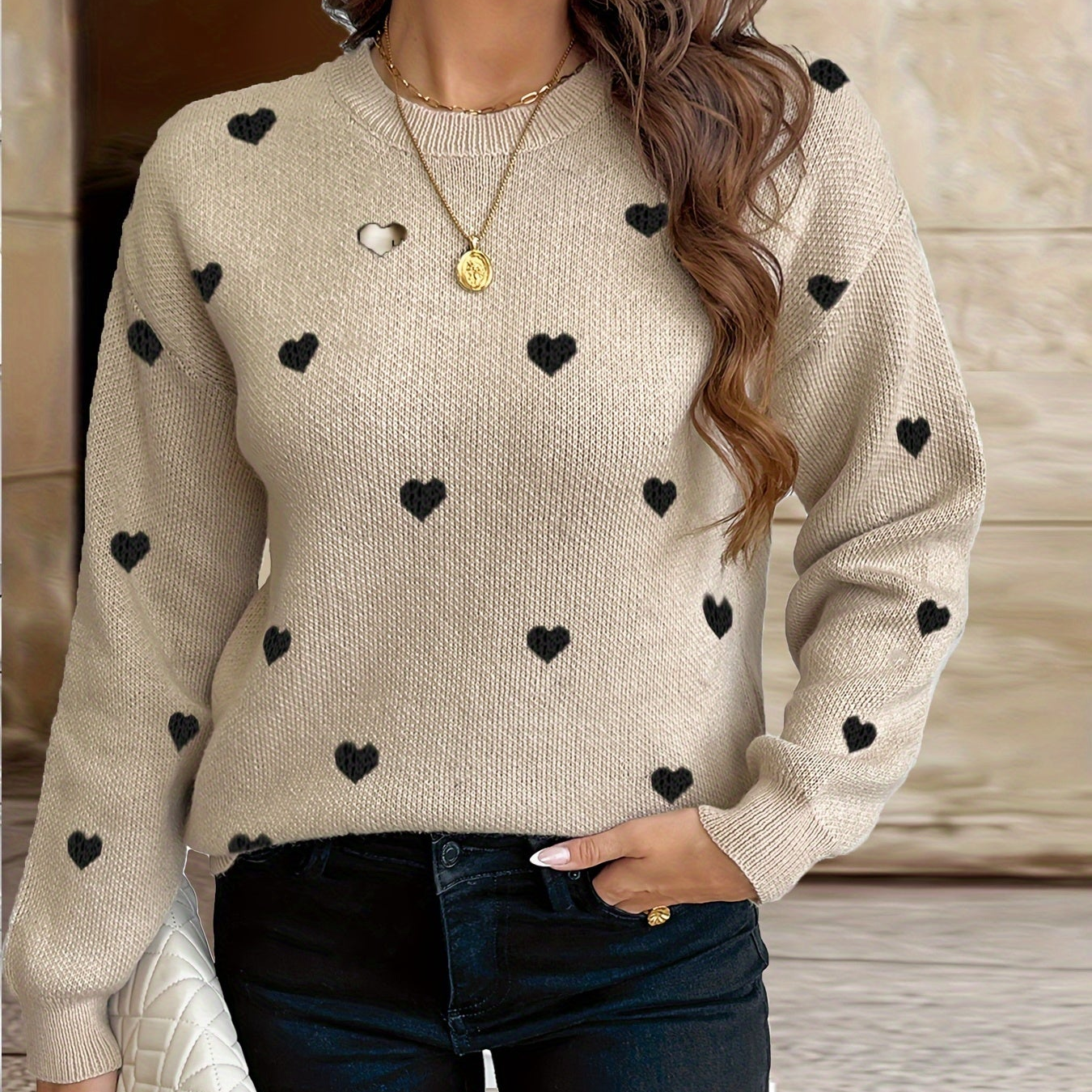 Damen Strickpullover mit Herzmuster Rundhals Langarm