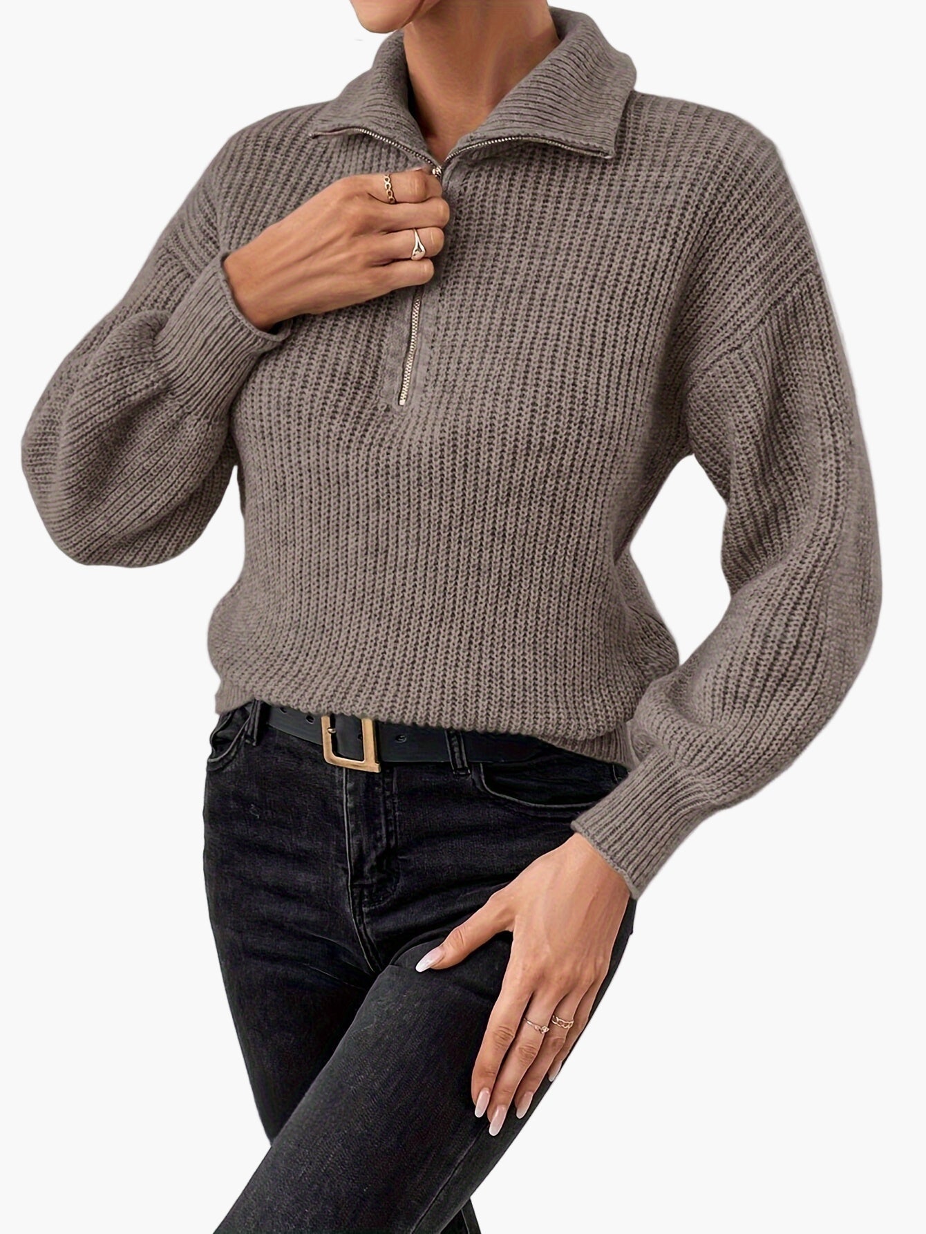 Women's knitted sweater with zipper and balloon sleeves – elegant casual look