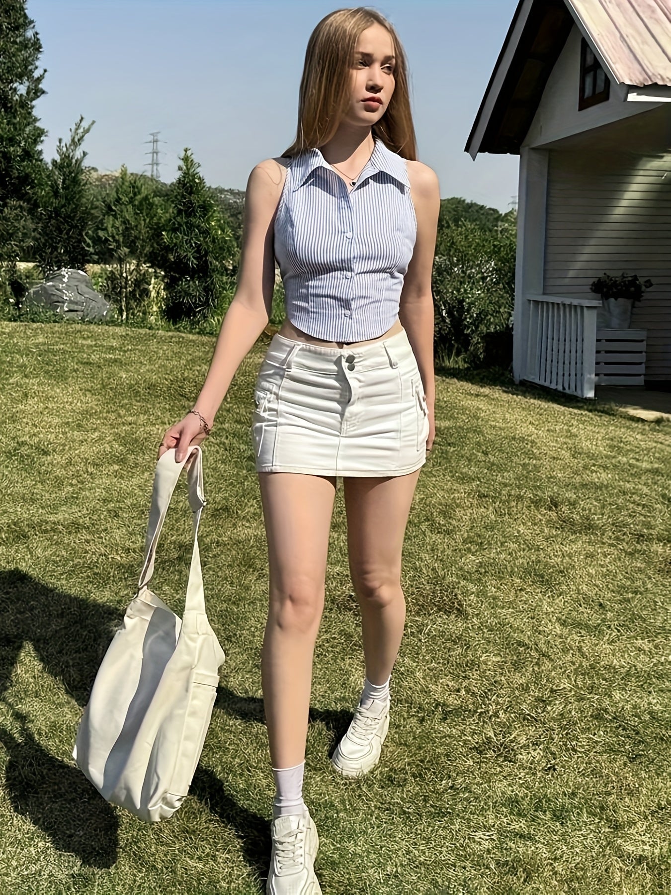 Women's sleeveless blouse in corset style with stripes for modern casual looks