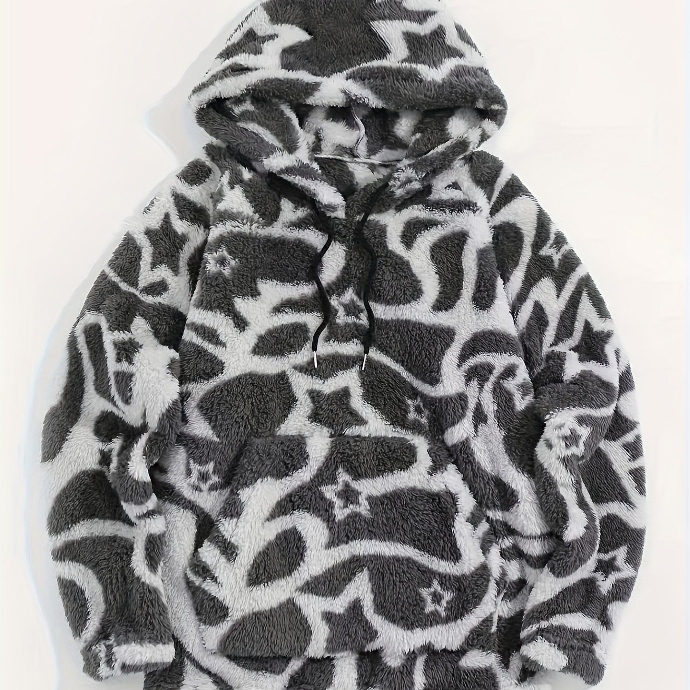 Unisex teddy hoodie with ethnic pattern in beige/brown/black