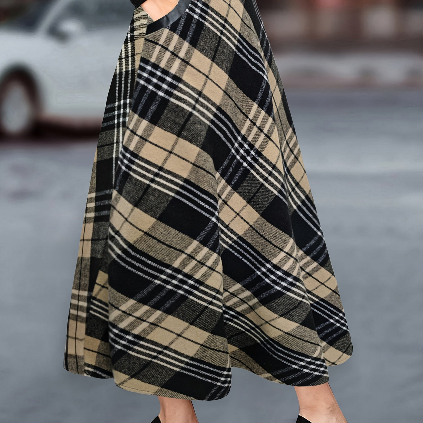Damen Karierter Maxi-Rock A-Linie mit Taschen