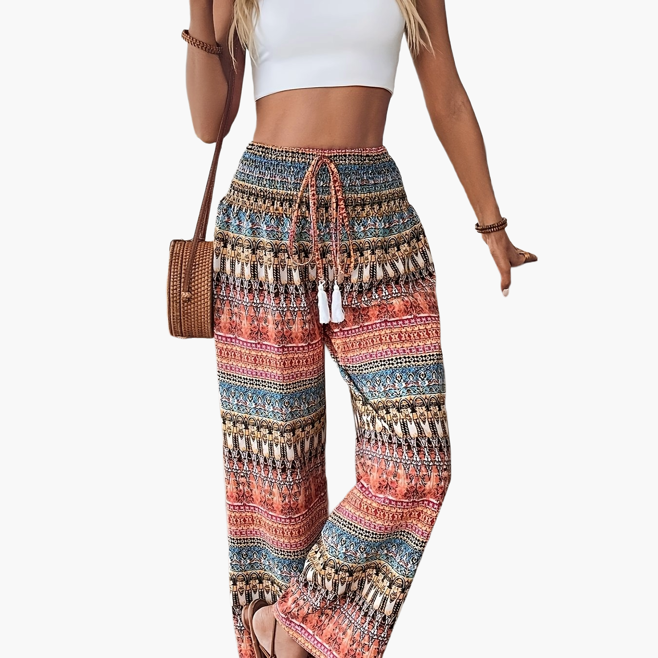 Women's Boho Wide-Leg Casual Pants with Ethnic Pattern for Summer