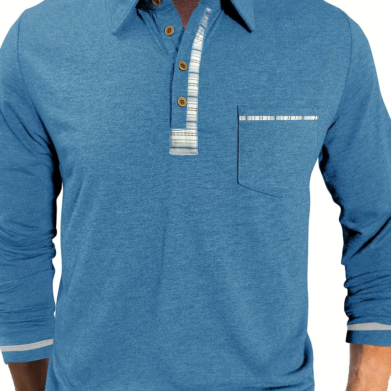 Men's long-sleeved polo shirt with chest pocket and patterned details