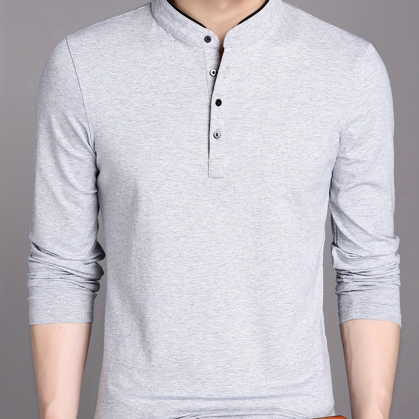 Men's long-sleeve shirt with stand-up collar and button placket
