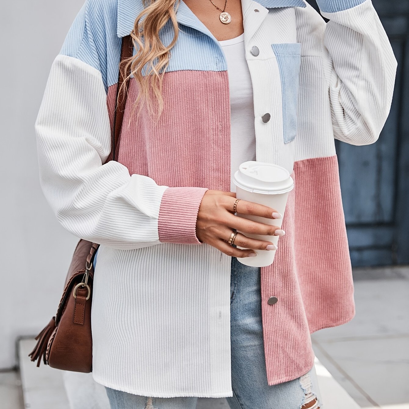 Cordhemdjacke im Colorblocking-Design Langarm Oversized