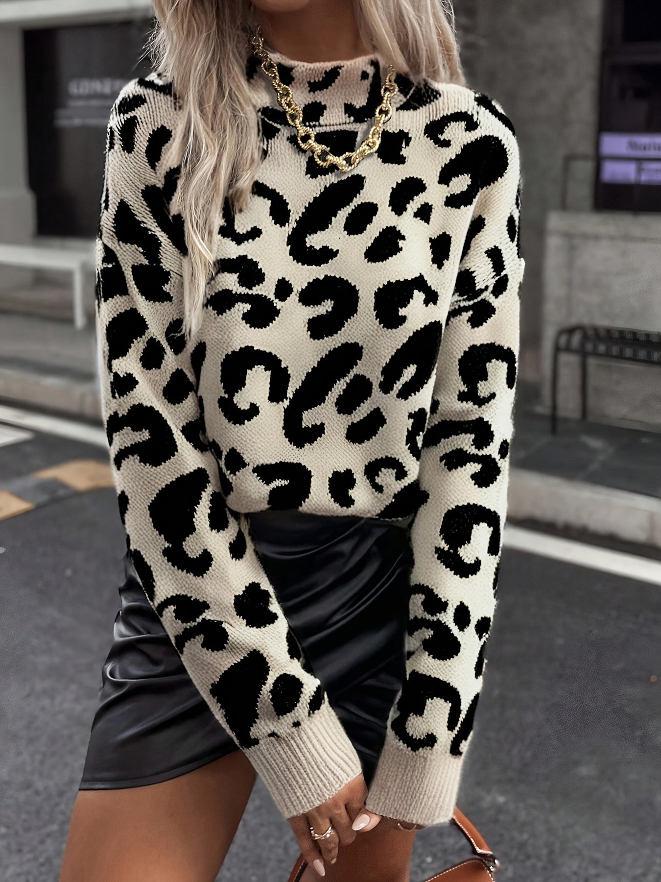 Women's turtleneck sweater, knitted sweater, leopard print, beige and black