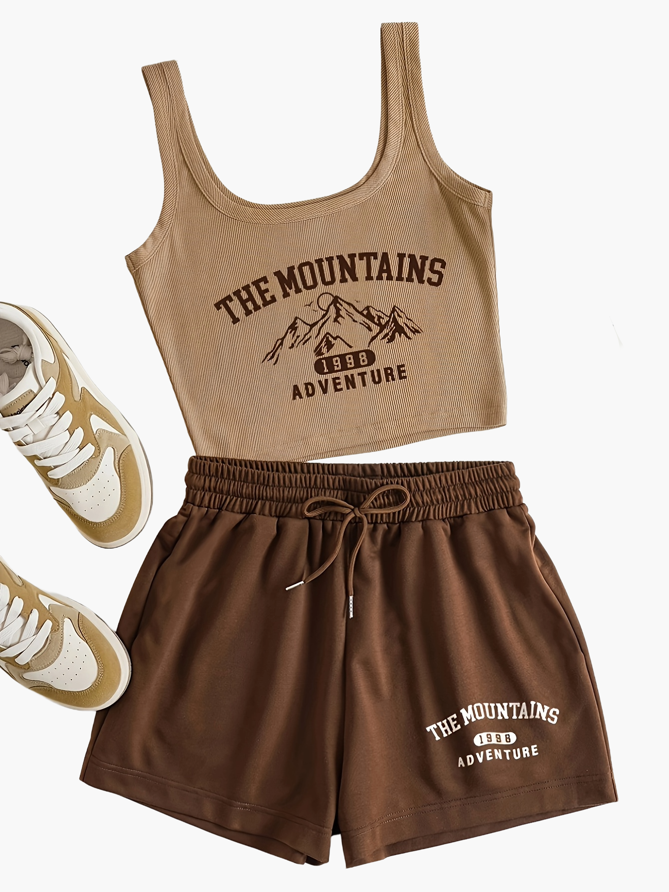 Women's sporty casual set with "The Mountains Adventure" print – top & shorts – perfect for summer & outdoor activities