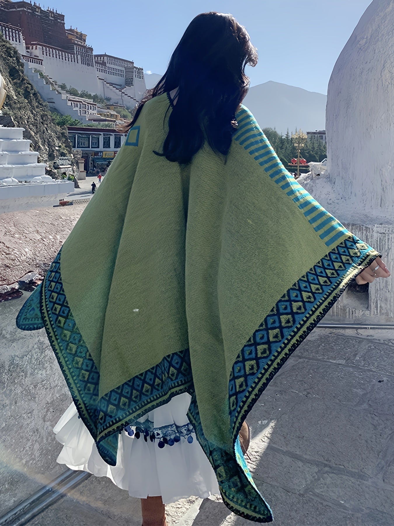 Women’s Reversible Green Patterned Elegant Poncho