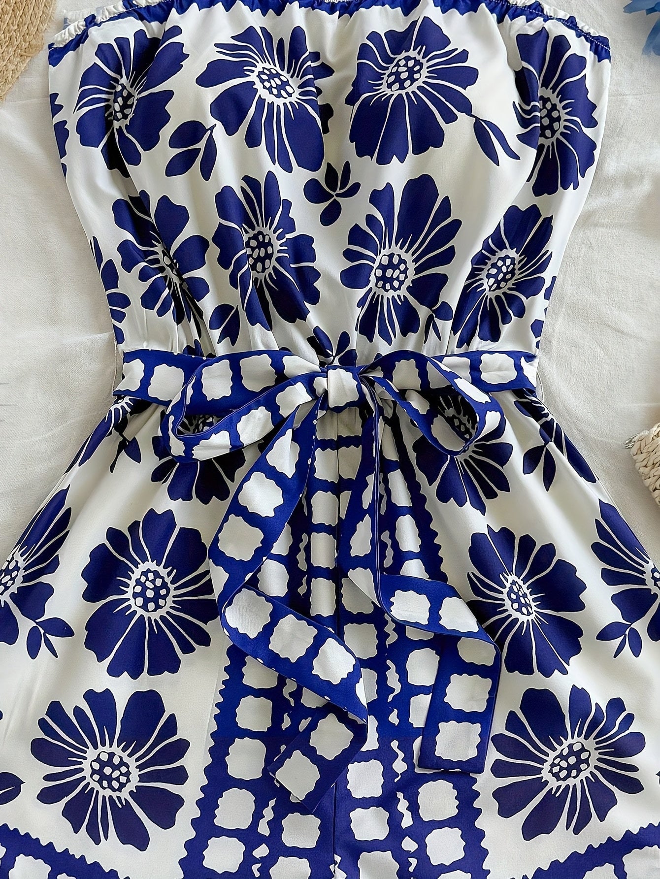 Women's Bandeau Jumpsuit with Floral Pattern and Waist Belt – Summer One-Piece for Vacation and Leisure