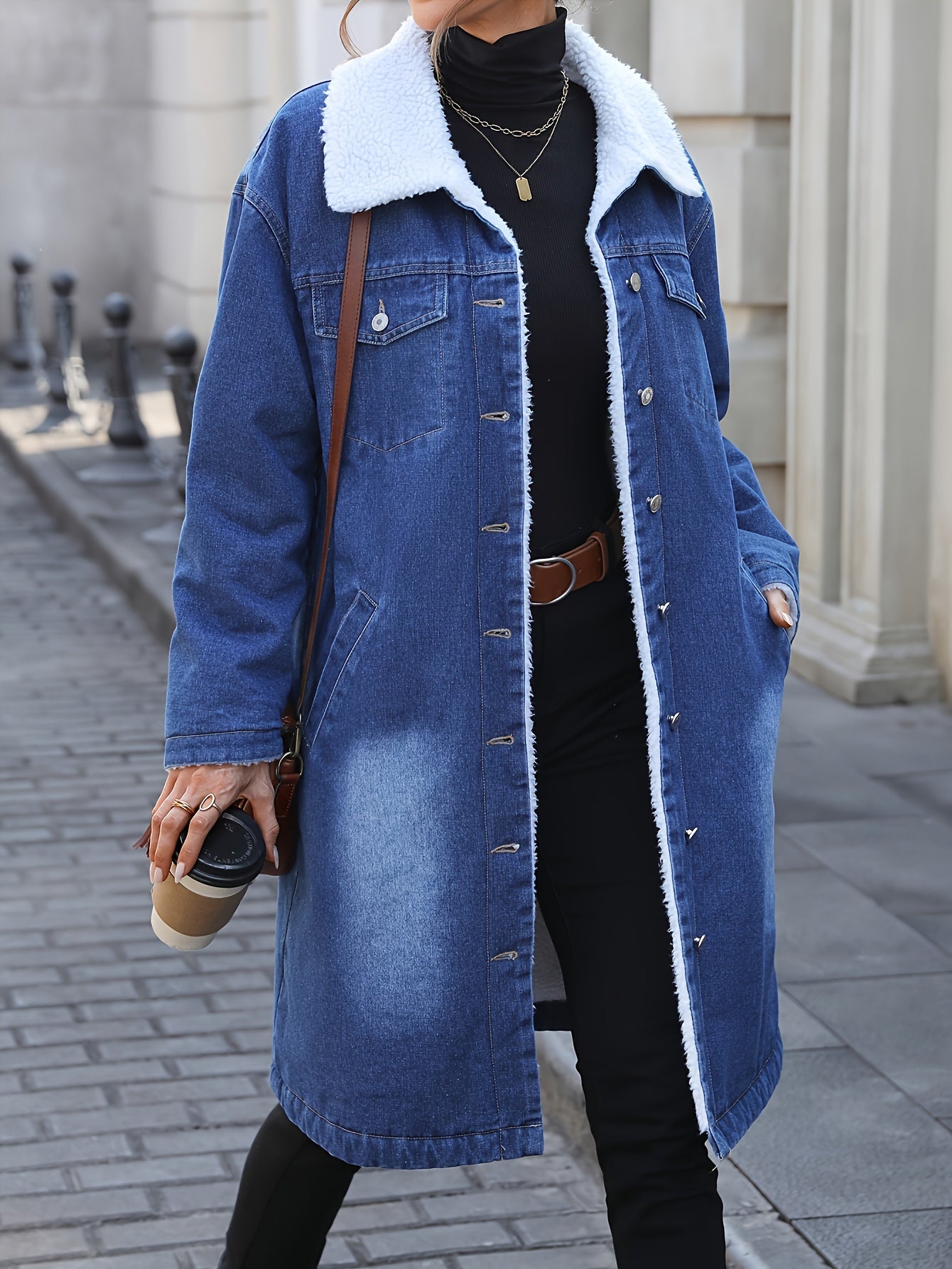 Women's long denim coat with dark blue teddy lining