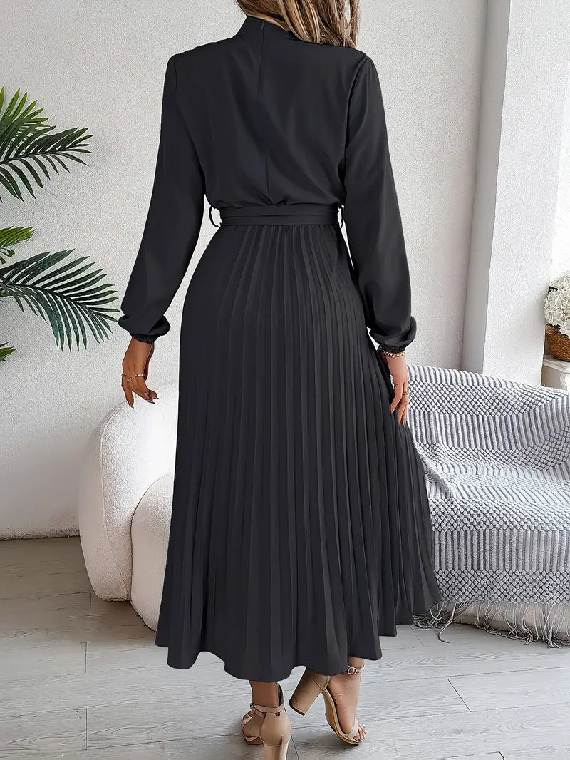 Women's Mid-Length Dress Elegant with Pleated Folds and Belt – Perfect for Office & Special Occasions