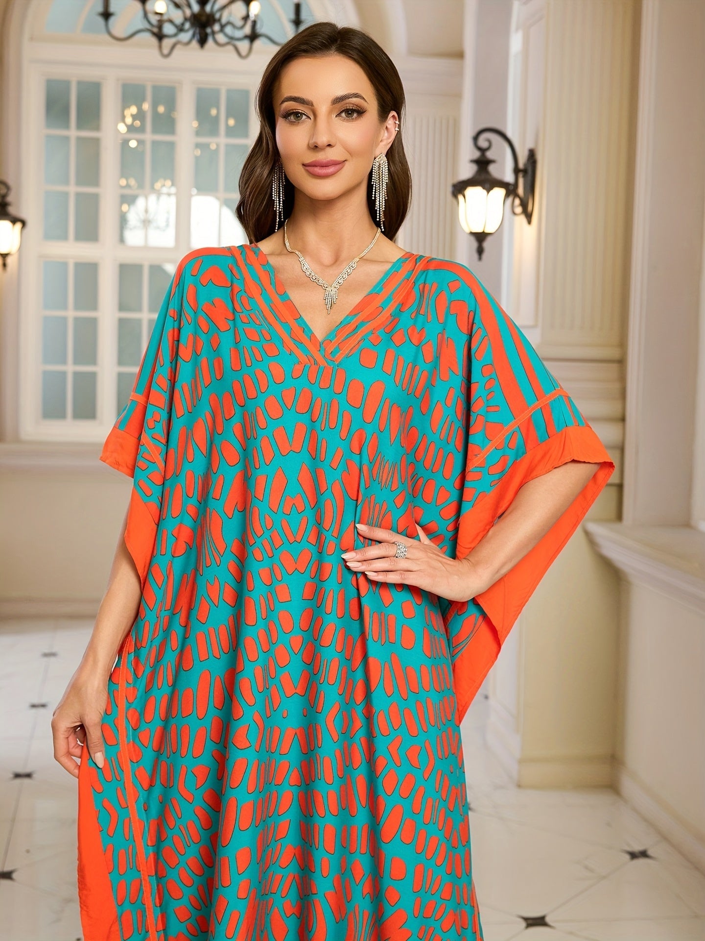 Women's Boho Kaftan Maxi Dress with V-Neck – Elegant Casual Dress for Summer and Vacation