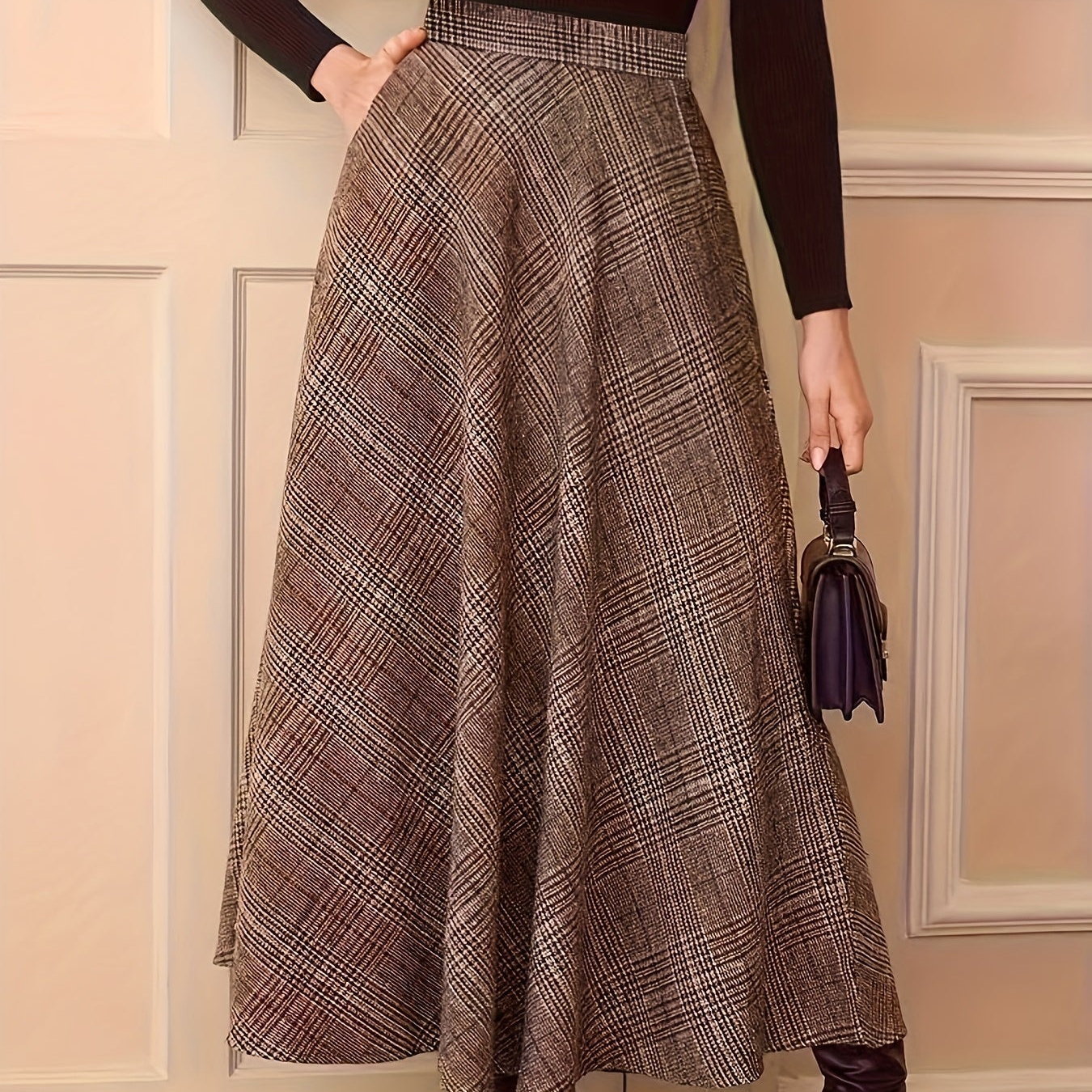 Women's plaid maxi skirt, A-line, high-waisted