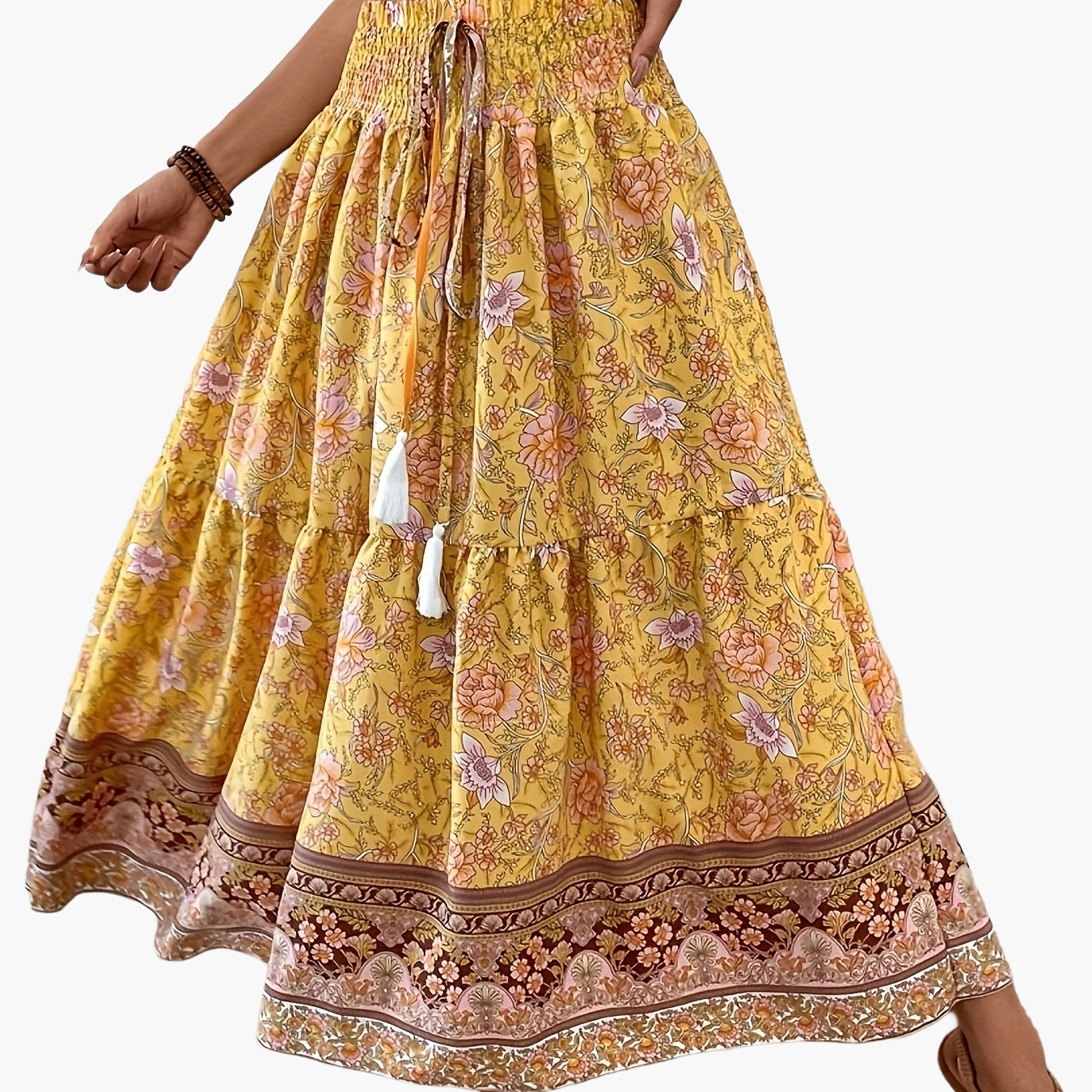 Women's Boho Maxi Skirt with Floral Pattern and Drawstring – Elegant Summer Skirt for Casual Wear and Vacation