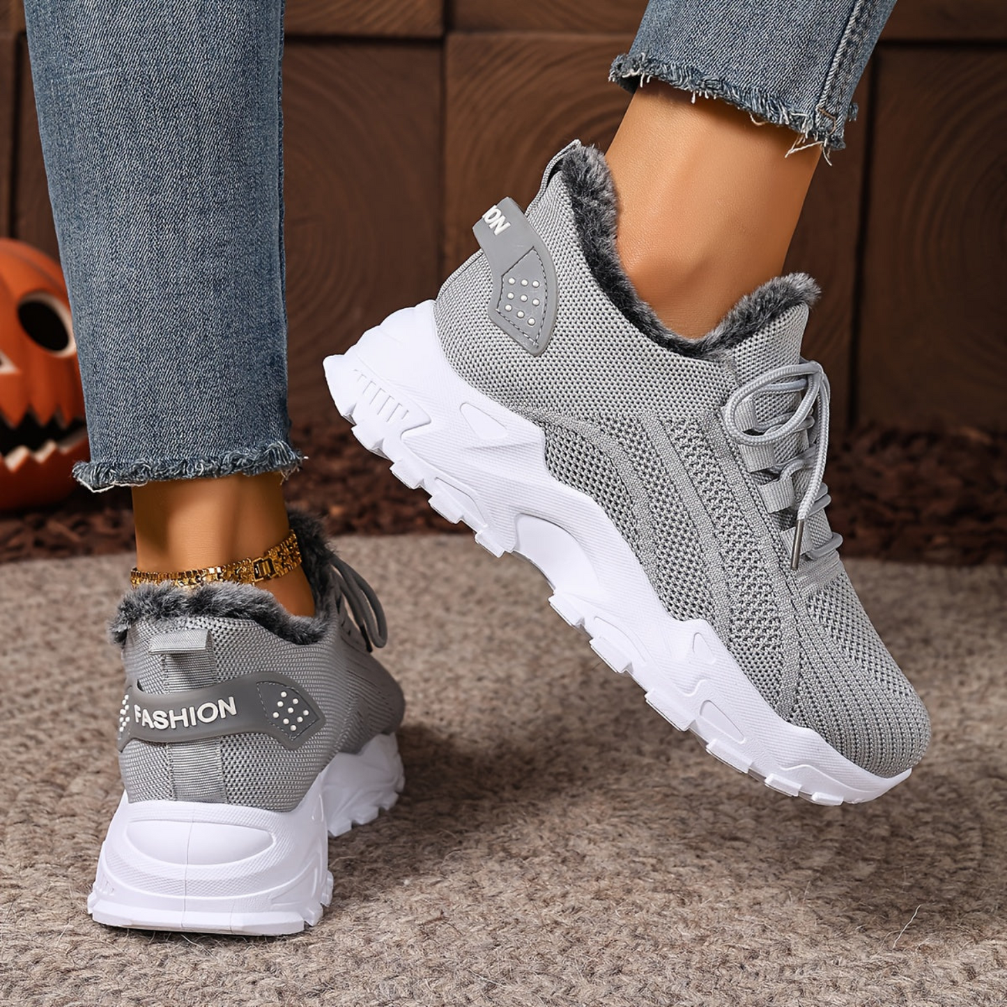 Damen Sneaker mit Strick-Obermaterial und Futter in Pelz-Optik Rot