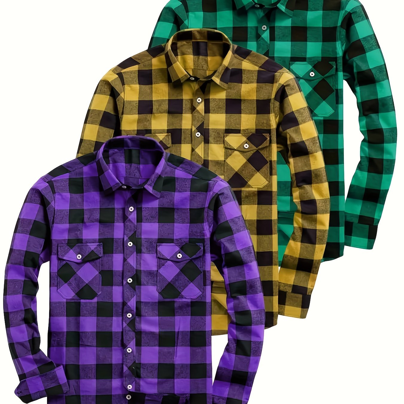 Men’s plaid long-sleeve casual shirt with chest pockets