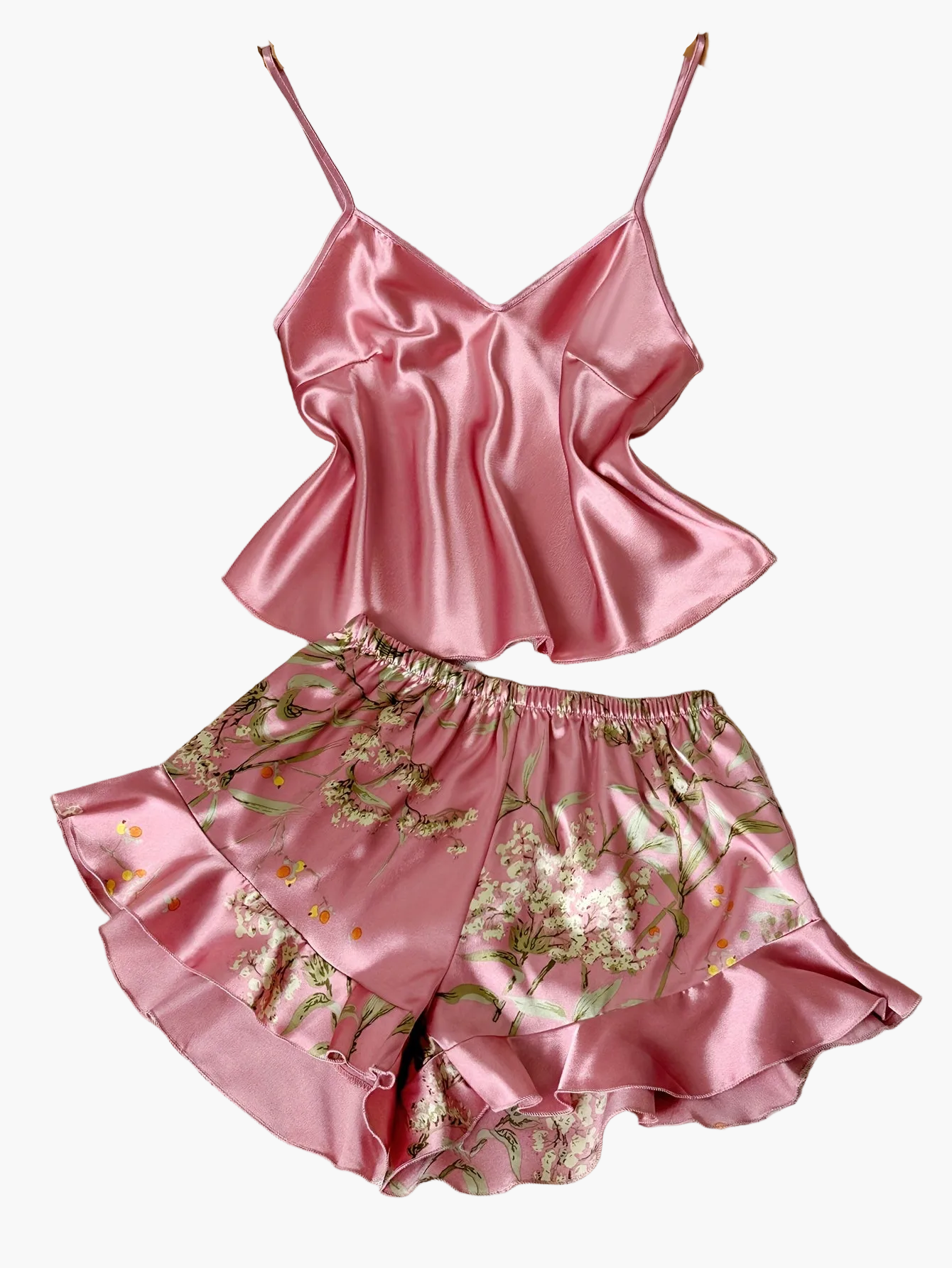 Women's pajama set with floral pattern and ruffles – summer nightwear in an elegant style