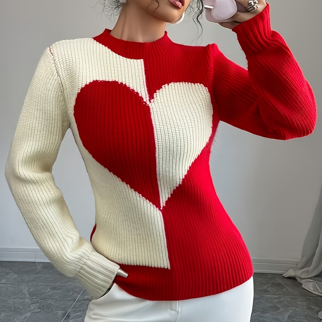 Women’s knitted pullover with heart pattern, crew neck, ribbed knit, long sleeves