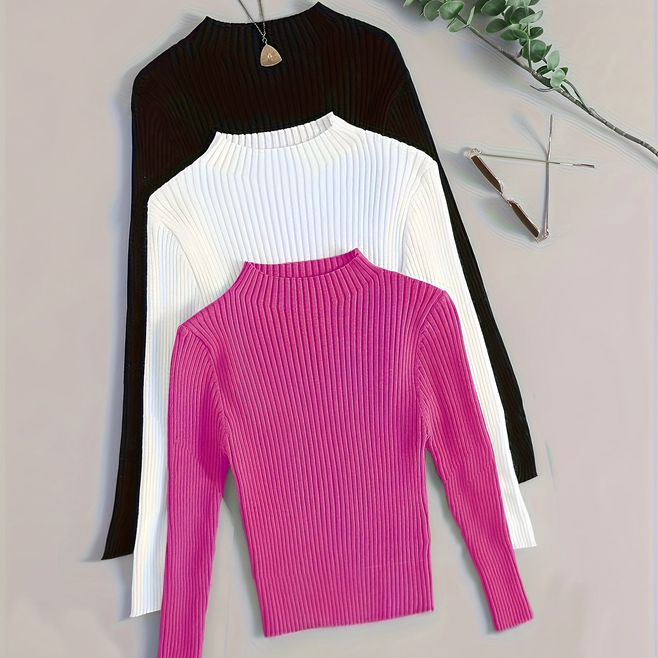 Gerippter Langarm-Pullover mit Stehkragen für Damen, einfarbig