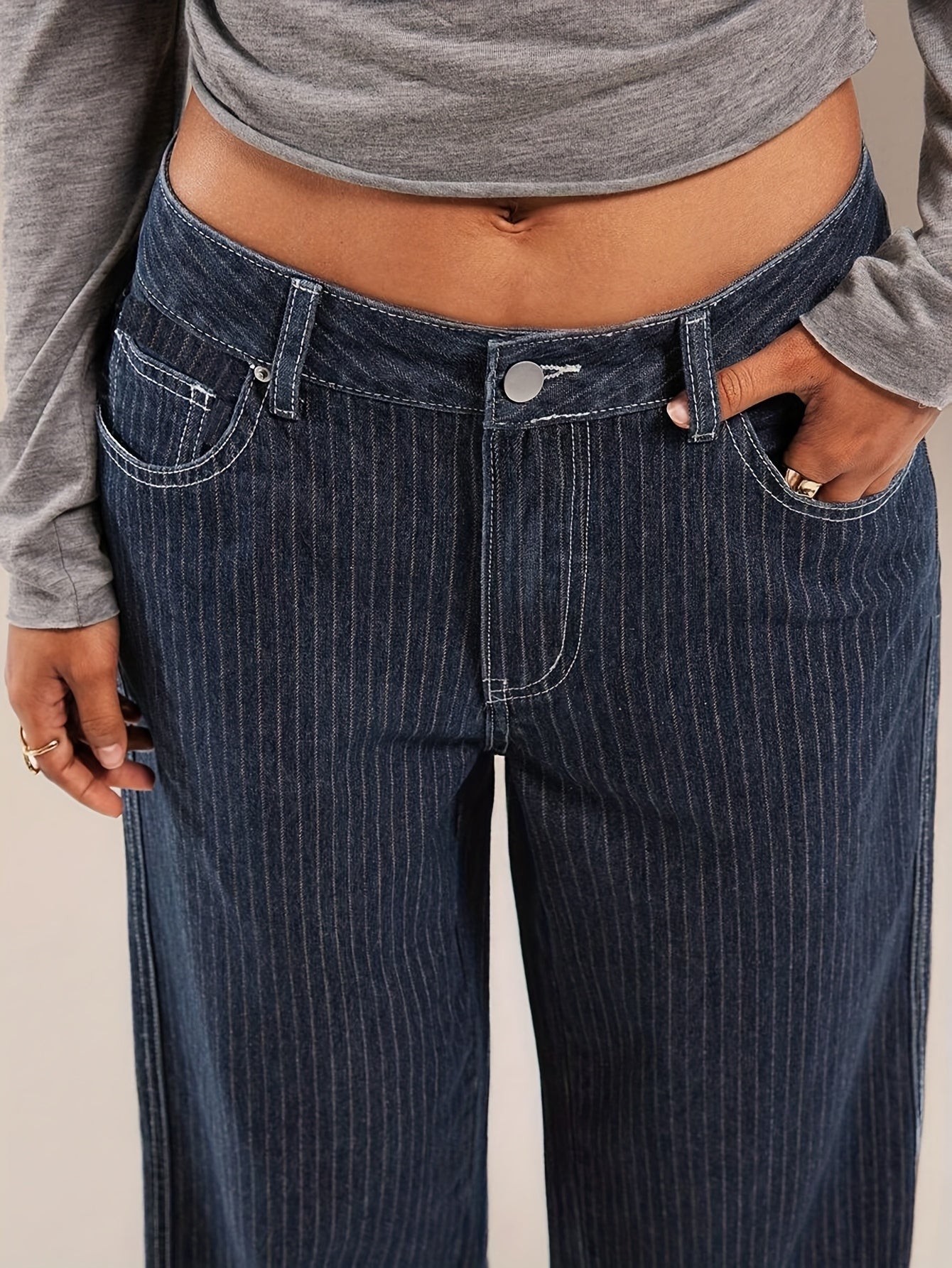 Women's wide-leg striped dark blue jeans