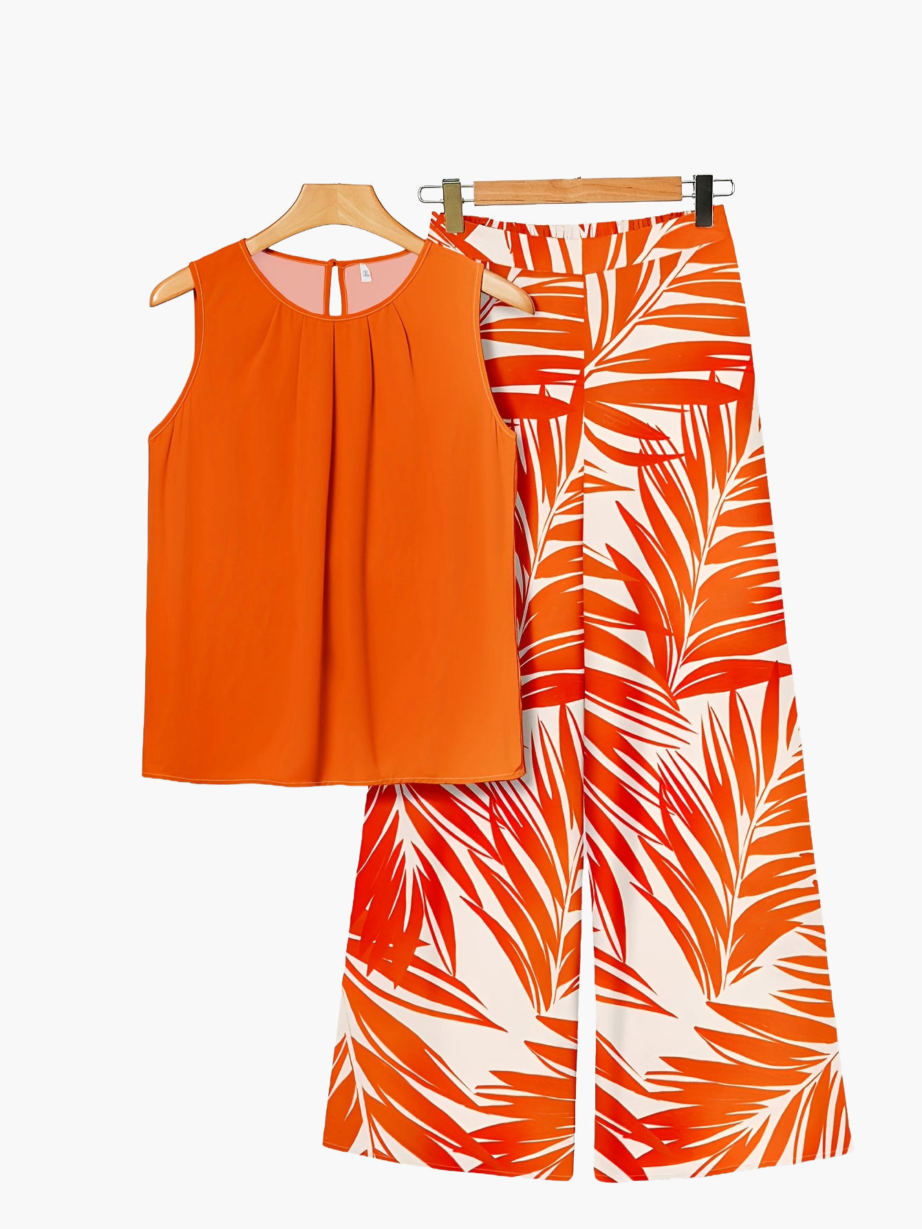 Women's Elegant Two-Piece Set – Sleeveless Top and Wide Palm Print Pants for Summer and Leisure