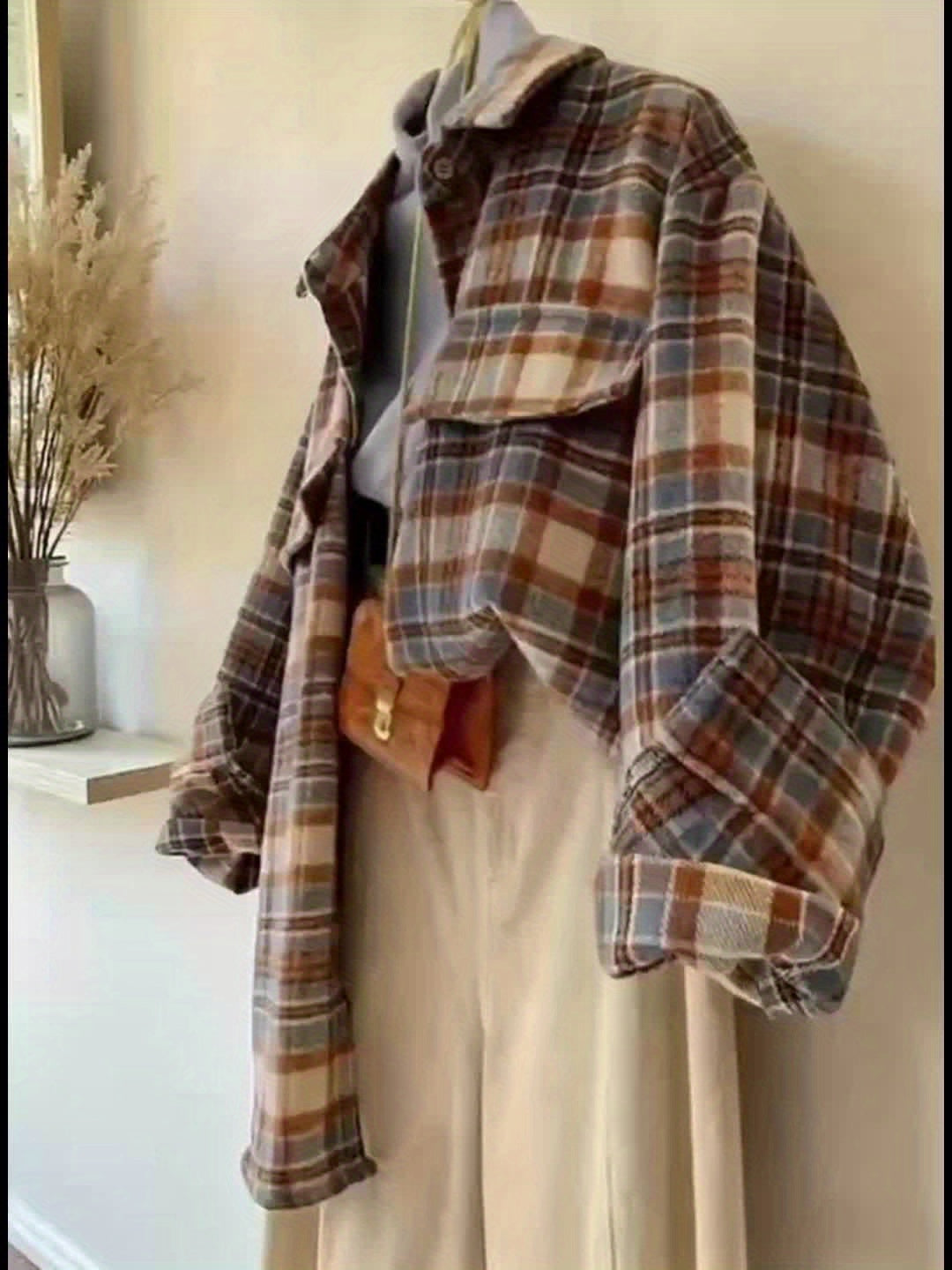 Plaid oversized shacket for women, transitional jacket, brown, blue, beige
