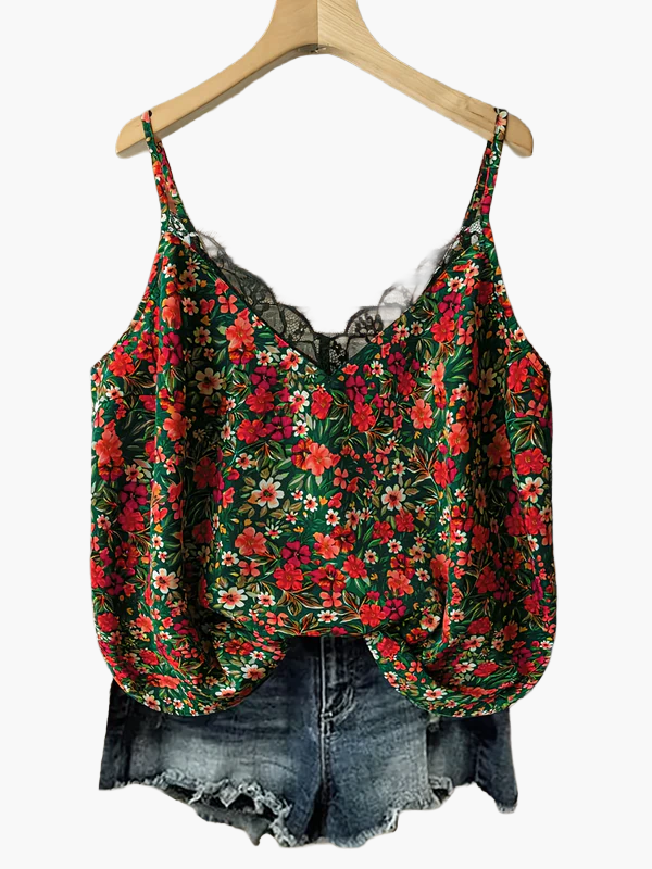 Women's summer top with floral pattern and lace trim, casual spaghetti strap tank top