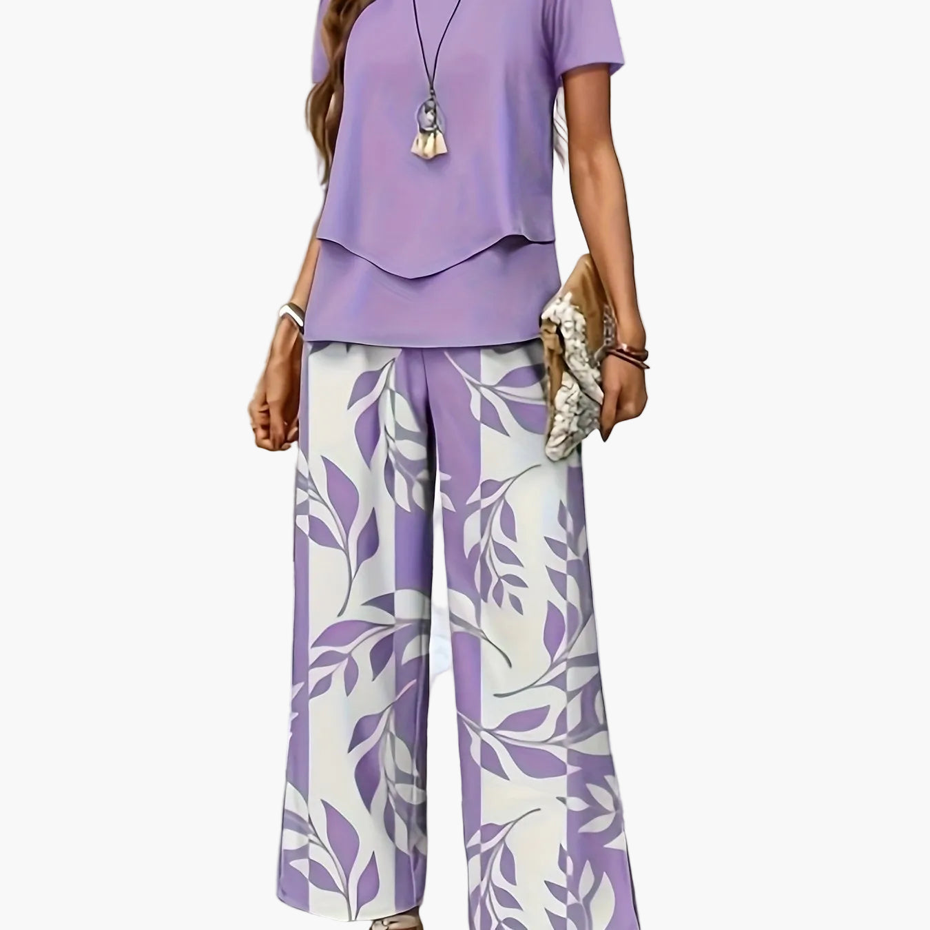 Women's Elegant Two-Piece Set with Short-Sleeve Shirt and Wide-Leg Pants, Floral, Perfect for Everyday and Vacation