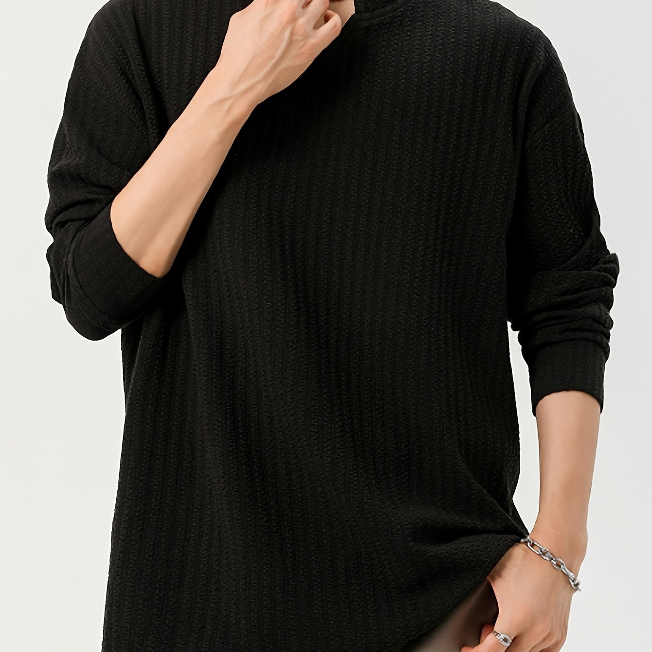 Men's long-sleeve shirt, Henley neckline, textured, light beige