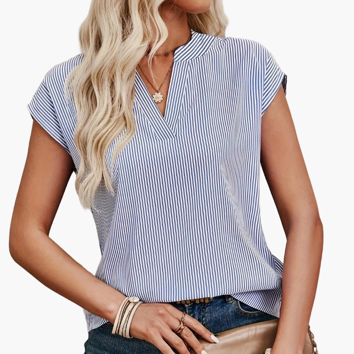 Women's Blouse Shirt with Stripe Pattern and V-Neck – Elegant Casual Style for Everyday and Office