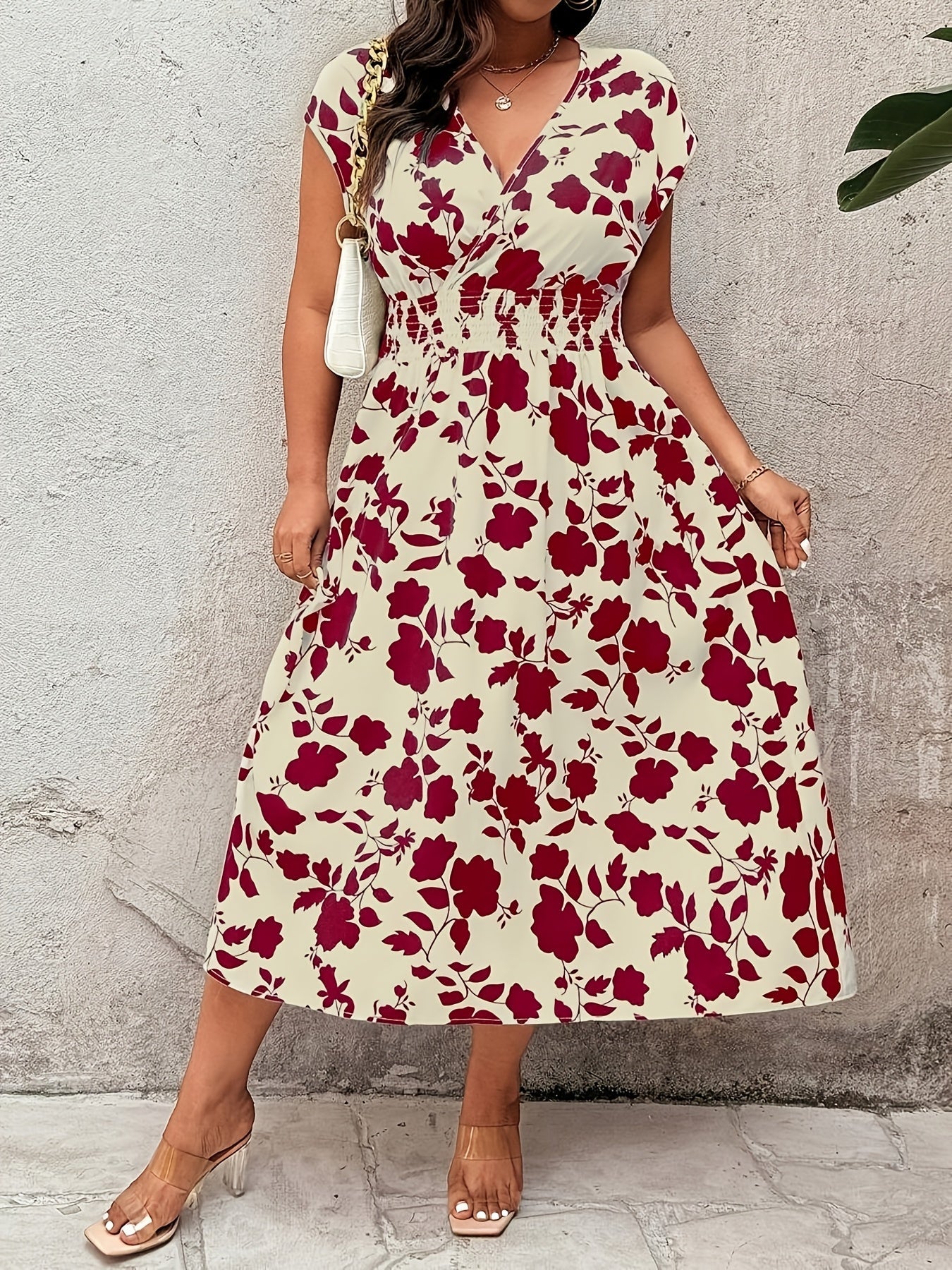 Women's Elegant Midi Dress with Floral Pattern and V-Neck for Casual and Special Occasions
