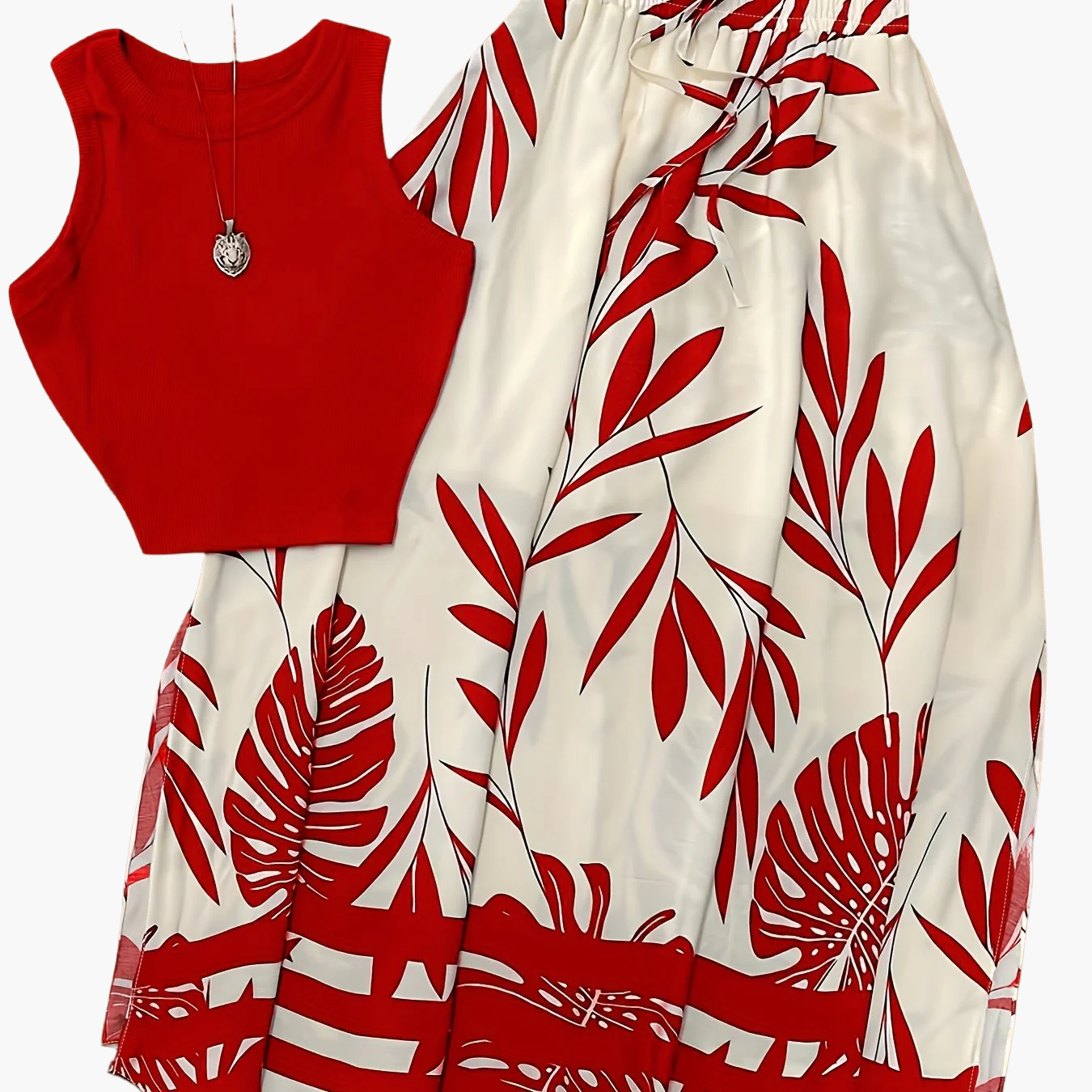 Women's Summer Set with Crop Top and Maxi Skirt – Tropical Print, Vacation, Casual
