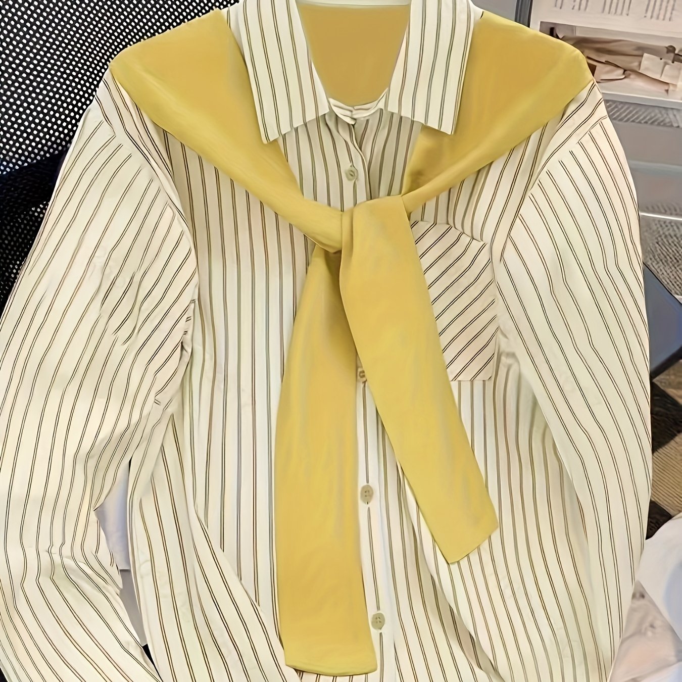 Women's striped blouse with tie detail, long-sleeve shirt blouse with chest pocket
