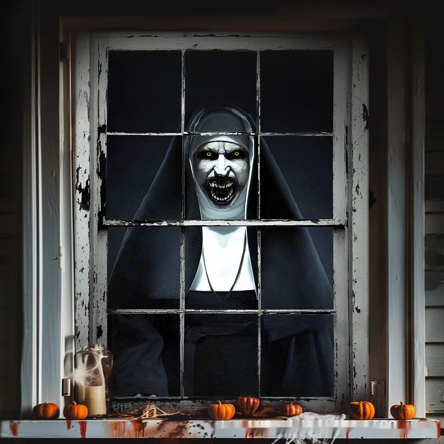 Halloween window decoration – creepy nun for haunted house & party