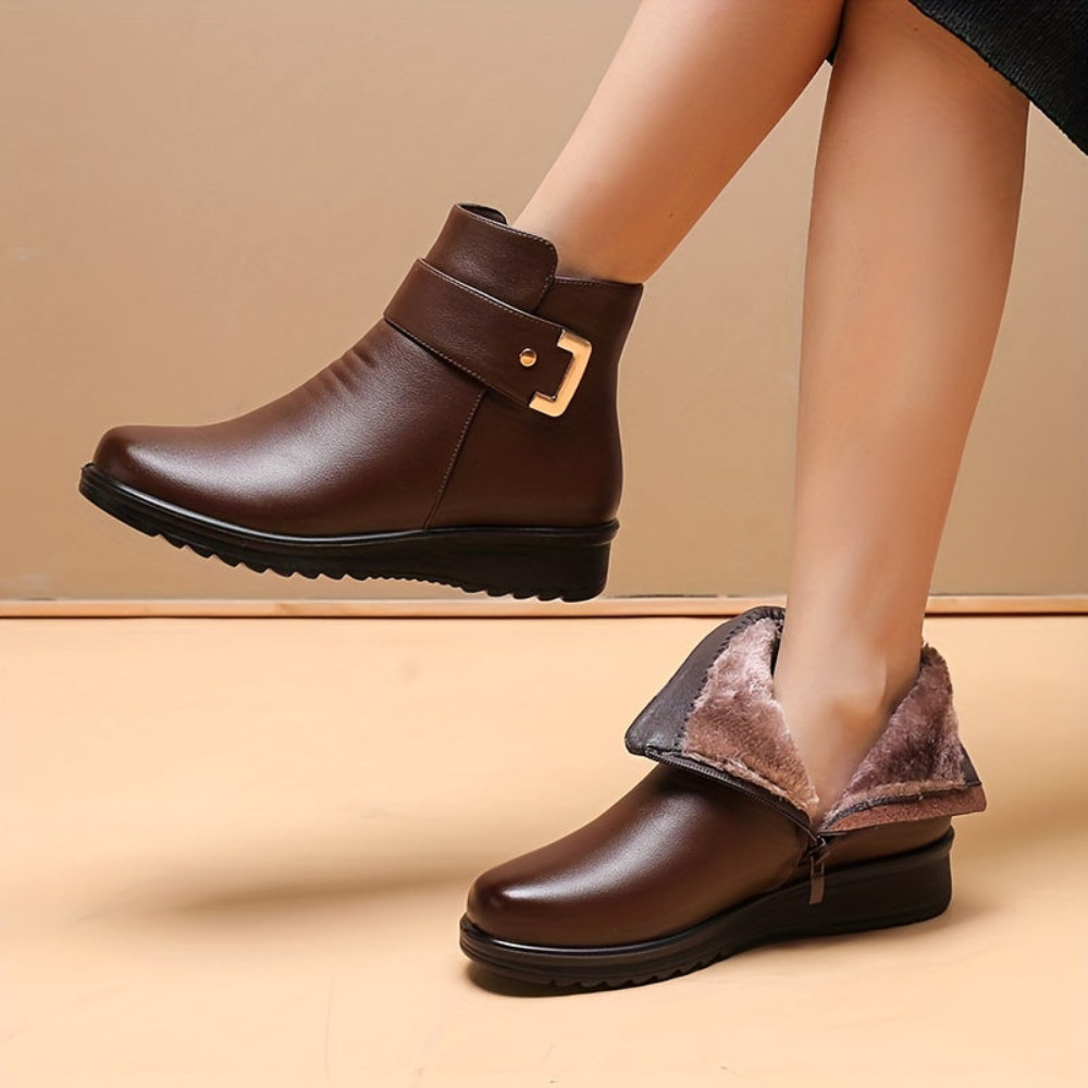 Damen Stiefeletten warm gefüttert Winter Boots mit Riemen und Schnalle