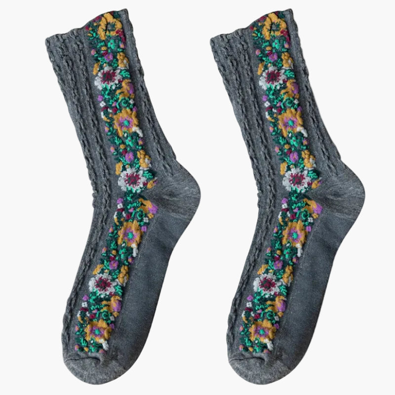 Women's Vintage Socks with Floral Embroidery – Elegant Jacquard Socks in Retro Style, Pack of 5